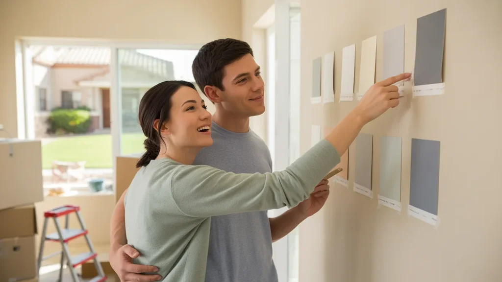 A couple laughs while choosing paint colors for their new home in Goodyear, Arizona.