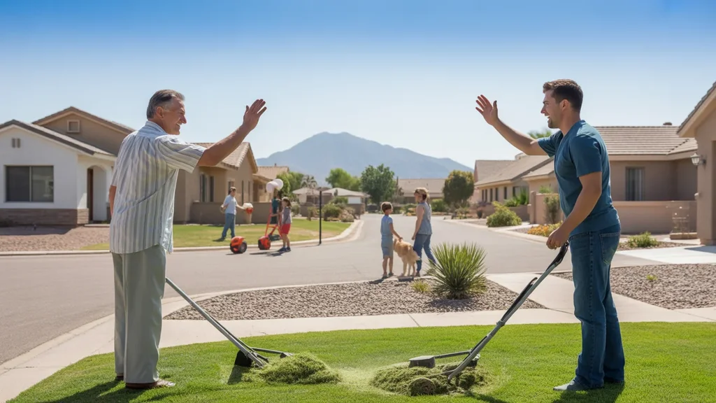 Neighbors wave while mowing their lawns on a sunny morning in a well-maintained Laveen neighborhood.