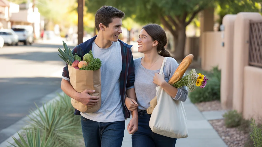 Couple carrying groceries home in Phoenix, Arizona