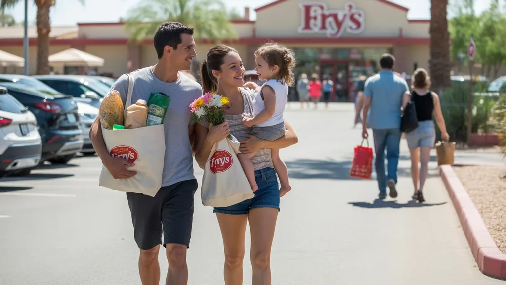 A couple with a toddler leaves a Fry's grocery store in San Tan Valley, AZ carrying bags and flowers.