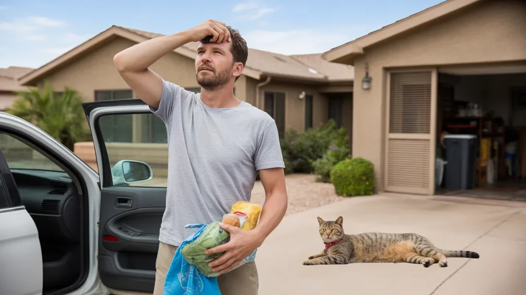 Man unloading groceries from car in driveway of suburban home in Tempe, AZ on hot summer day, with cat sleeping near garage