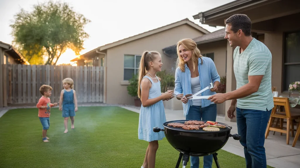 Family barbecuing in backyard of their Gilbert home