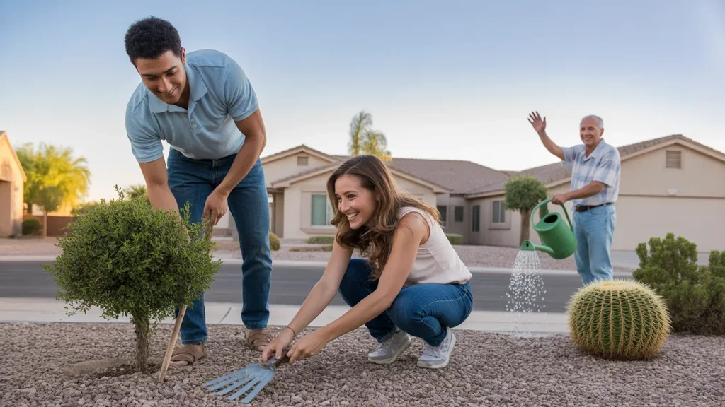 Couple tends to xeriscape yard in Buckeye, Arizona suburb at sunset