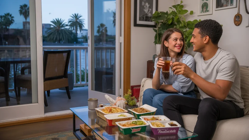 Couple enjoying takeout dinner in their Riverside apartment
