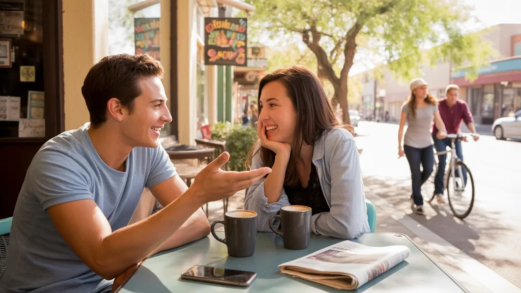 Two roommates enjoying coffee and conversation at a local café on a weekend morning in Surprise, Arizona