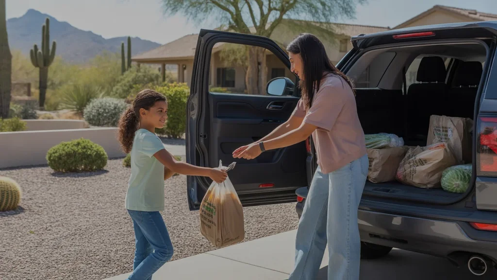 A family unloads groceries from their car outside their Scottsdale home on a sunny day