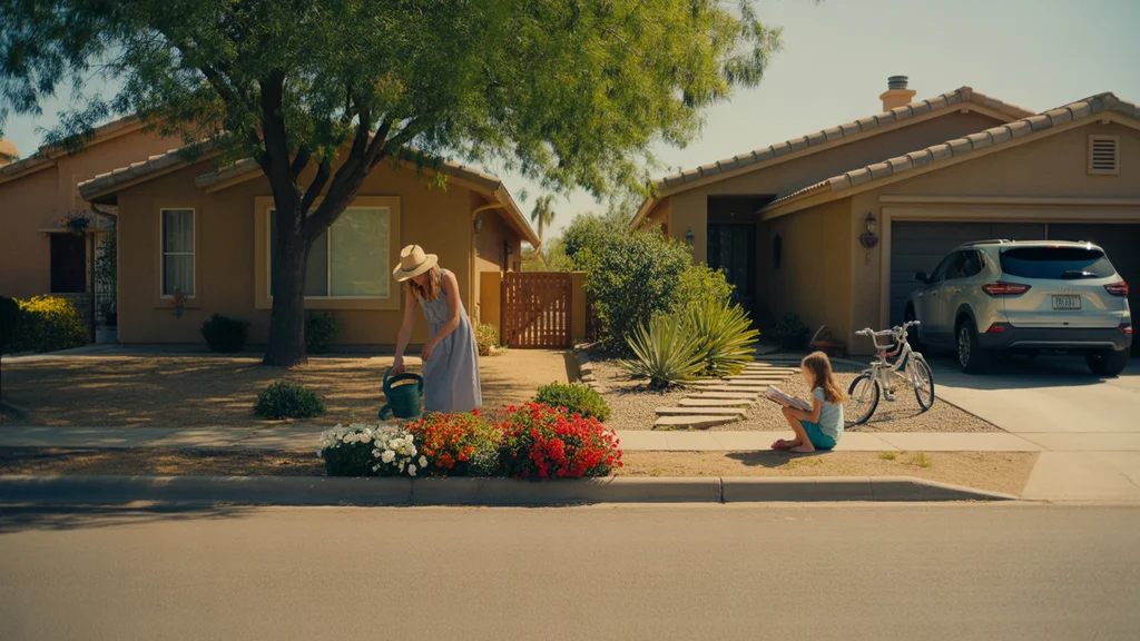 A woman waters flowers beside her garage in a Phoenix suburb as a girl reads on a neighboring porch.