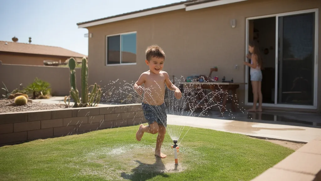 A young boy playing in a sprinkler in the backyard of a suburban home in Mesa, Arizona on a hot summer day