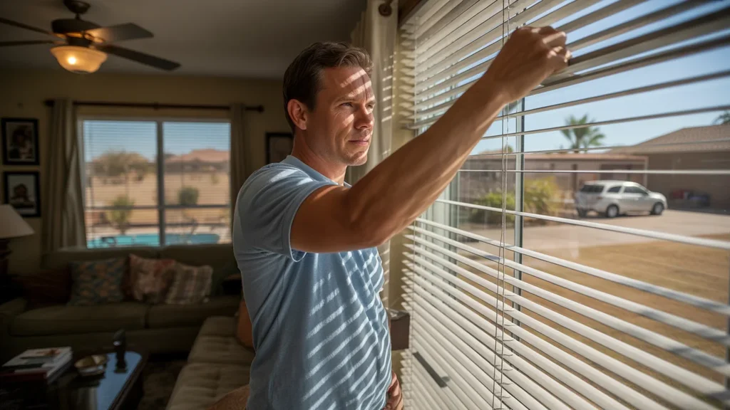 Man adjusting blinds in living room of Peoria home on hot summer day