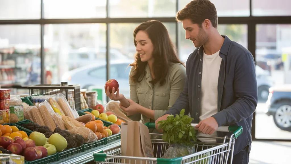 Couple grocery shopping for produce and pantry staples in Apache Junction, AZ