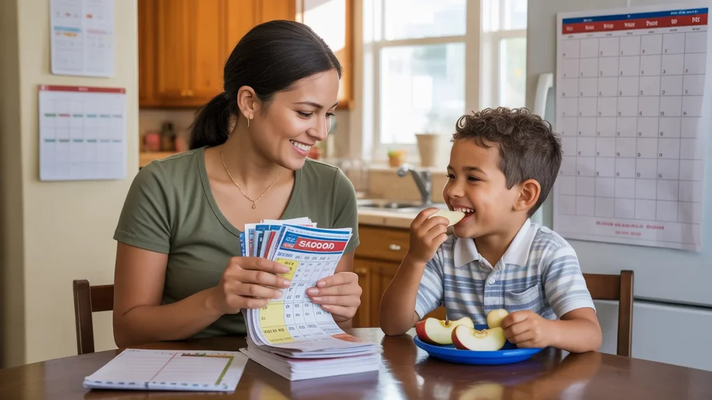 Mother and son happily sorting coupons at kitchen table in Maricopa home