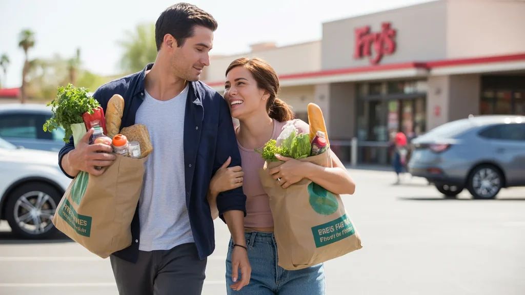Couple walking out of Fry's grocery store in Surprise, AZ carrying reusable shopping bags