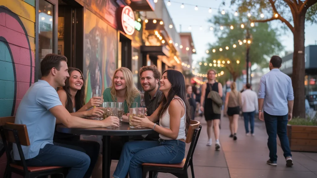 Friends dining on a vibrant restaurant patio in downtown Tempe, AZ at night
