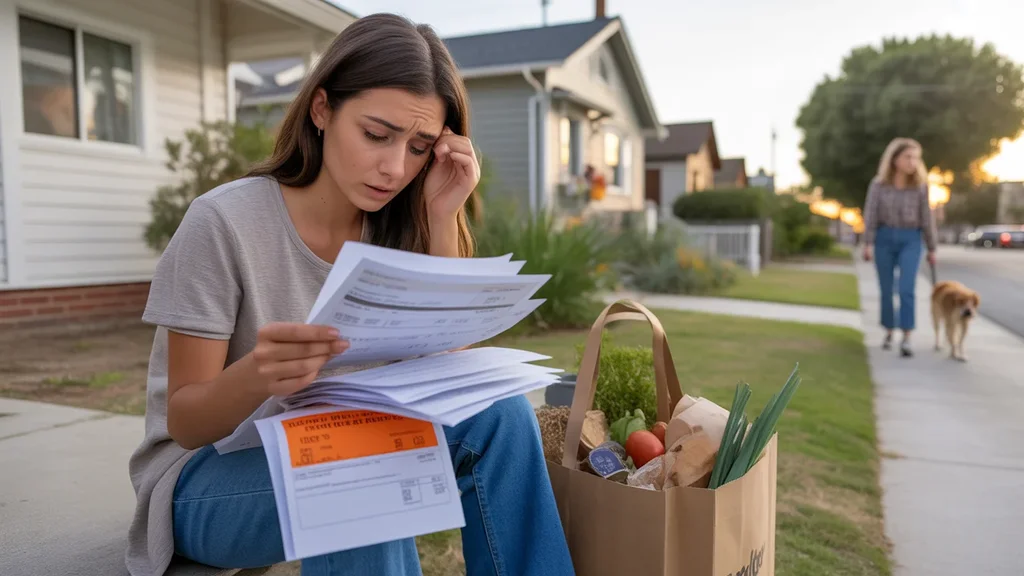 Young woman reviewing utility bills and city fees on front steps of Riverside home