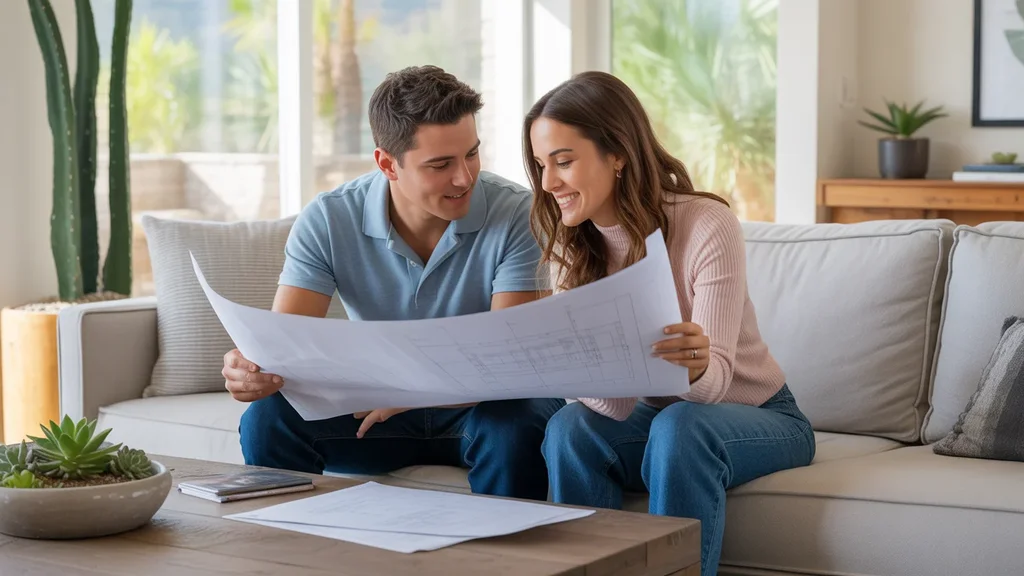 Couple looking at blueprints in living room of new Goodyear home