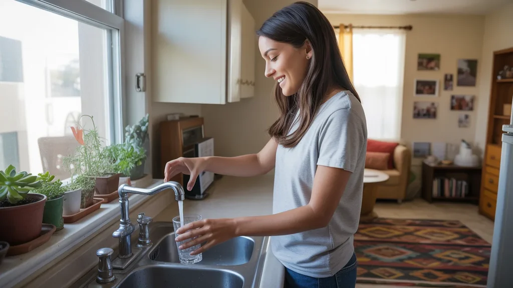 Woman filling glass of water from kitchen faucet in Glendale apartment