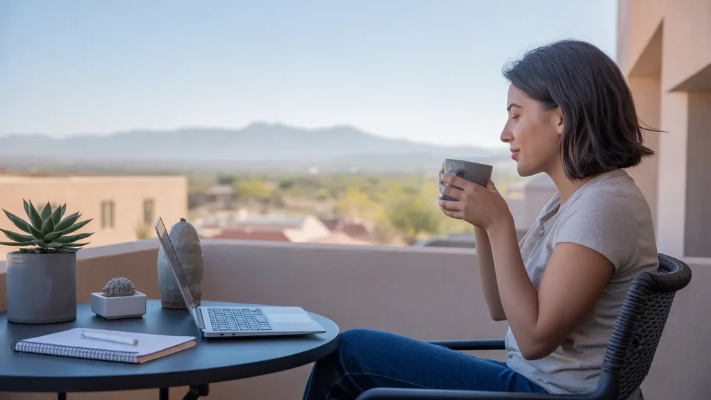 Woman drinking coffee on Tempe apartment balcony at sunrise, with laptop and plant on table