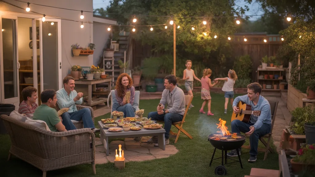 Friends and family gather for a backyard potluck in a cozy Peoria garden with string lights and mismatched furniture.