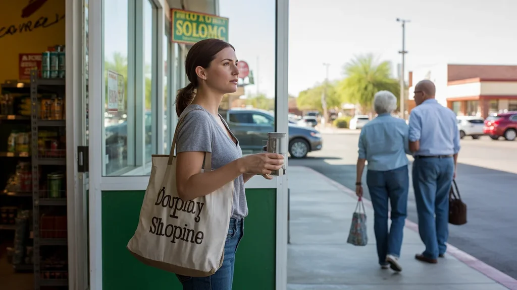 Woman with reusable bag entering dollar store in Apache Junction, Arizona strip mall at sunset