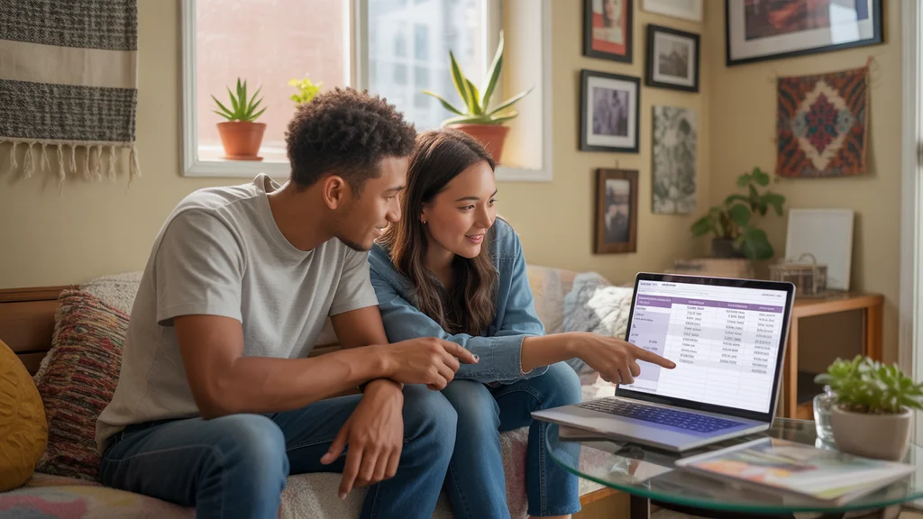 Young couple reviewing monthly budget in Phoenix apartment