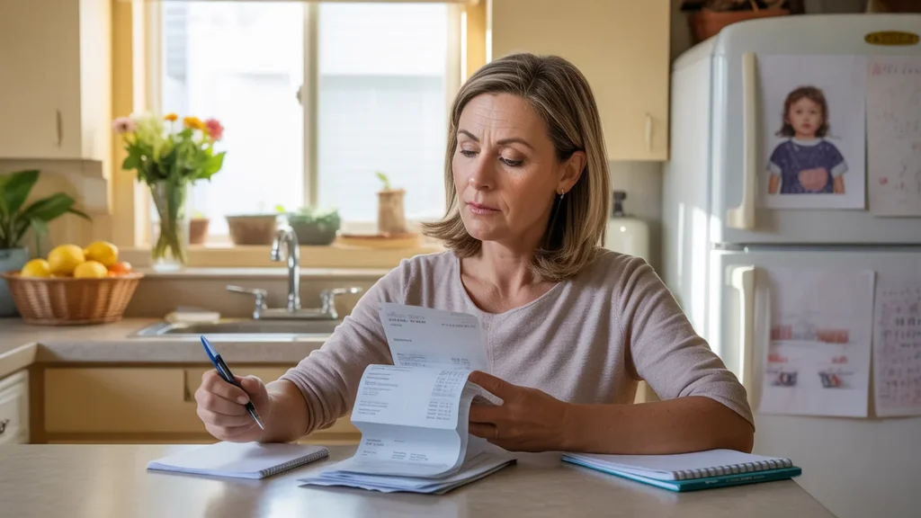 Woman reviewing utility bills and receipts at kitchen table in Chandler home