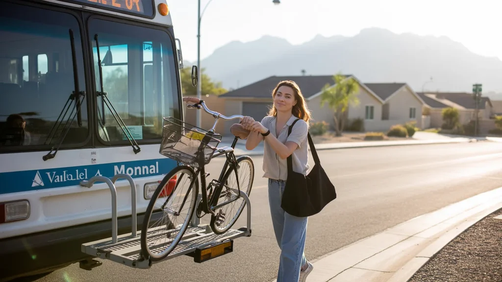 Young woman loading bicycle onto bus rack in Avondale, Arizona suburb at sunrise