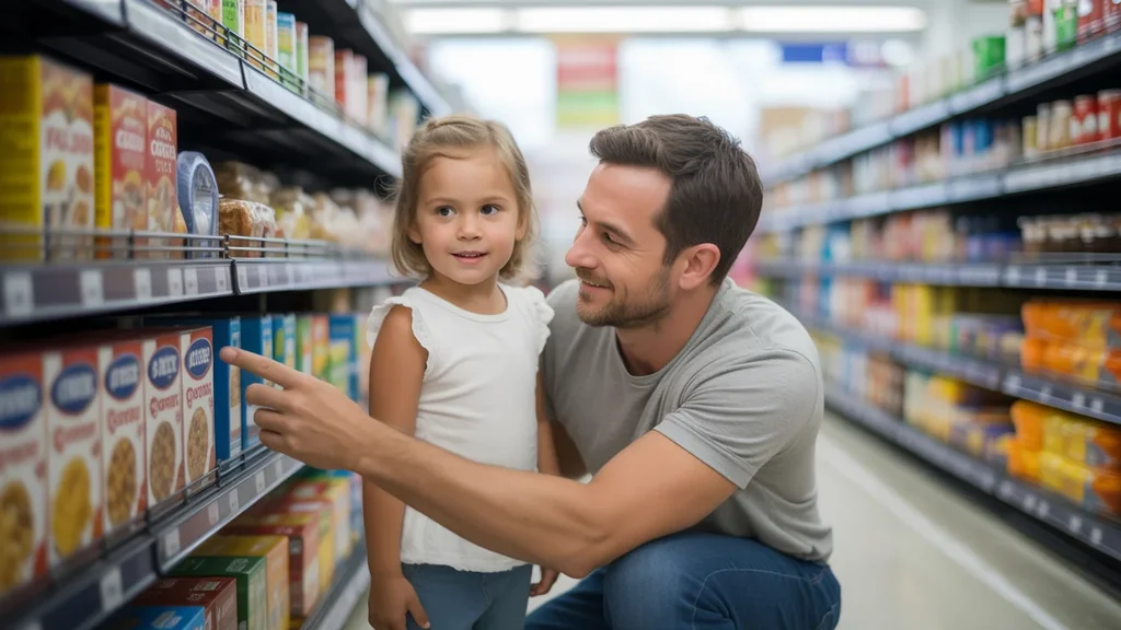 Father grocery shopping with young daughter in Scottsdale, Arizona