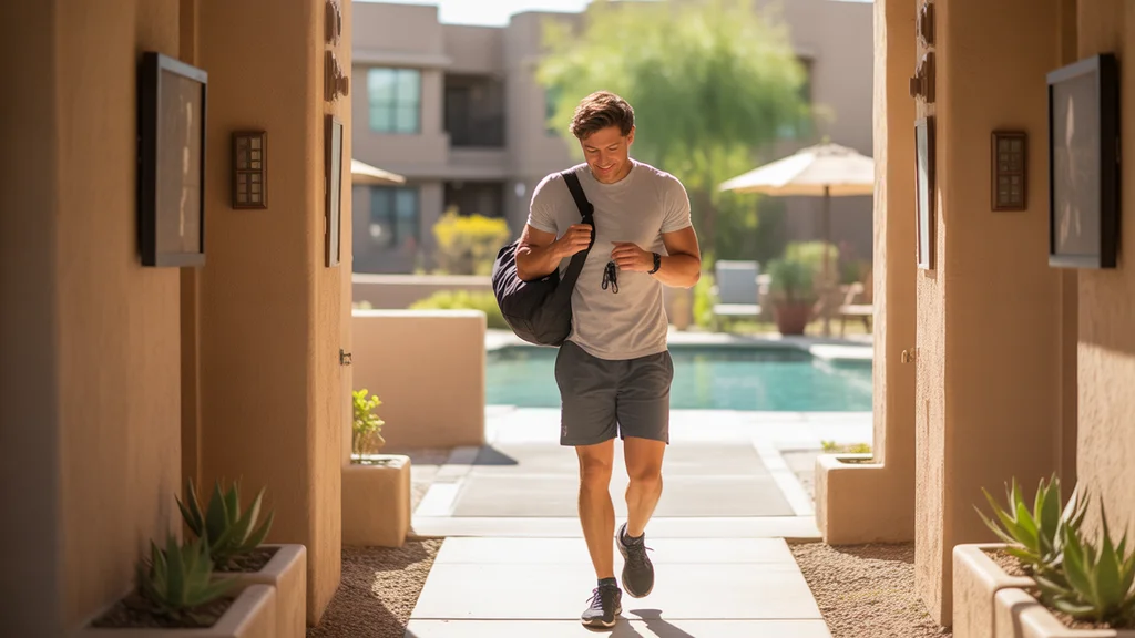 Man returning home with gym bag to apartment entryway in Gilbert, AZ