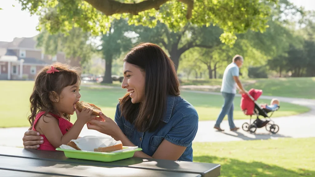 Mother and daughter sharing a sandwich at a sunny park picnic table in Midwest City, Oklahoma