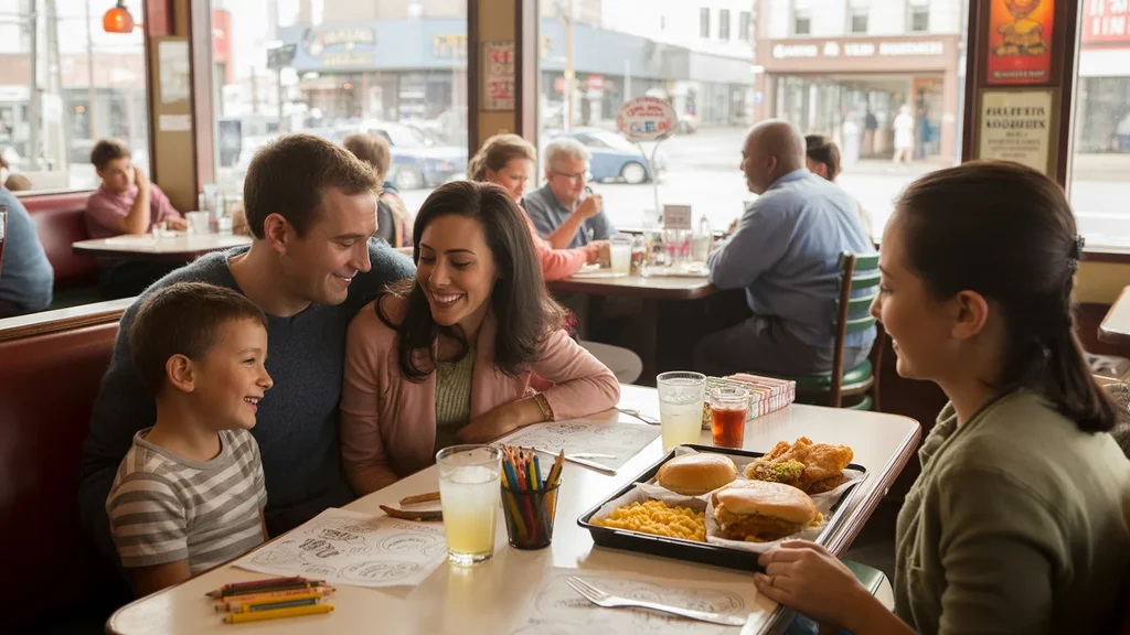 A family of four enjoys a meal together at a casual diner in Durham, North Carolina