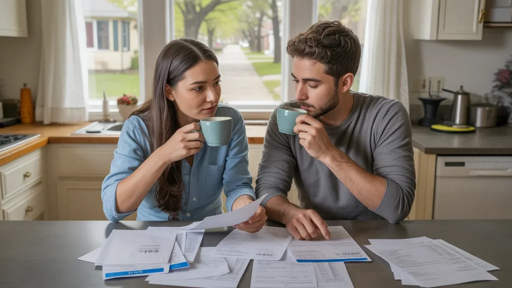 Young couple reviews utility bills and fees at kitchen table in Evanston home
