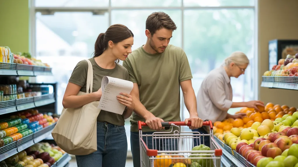 A couple compares apple prices while grocery shopping in Richmond, KY