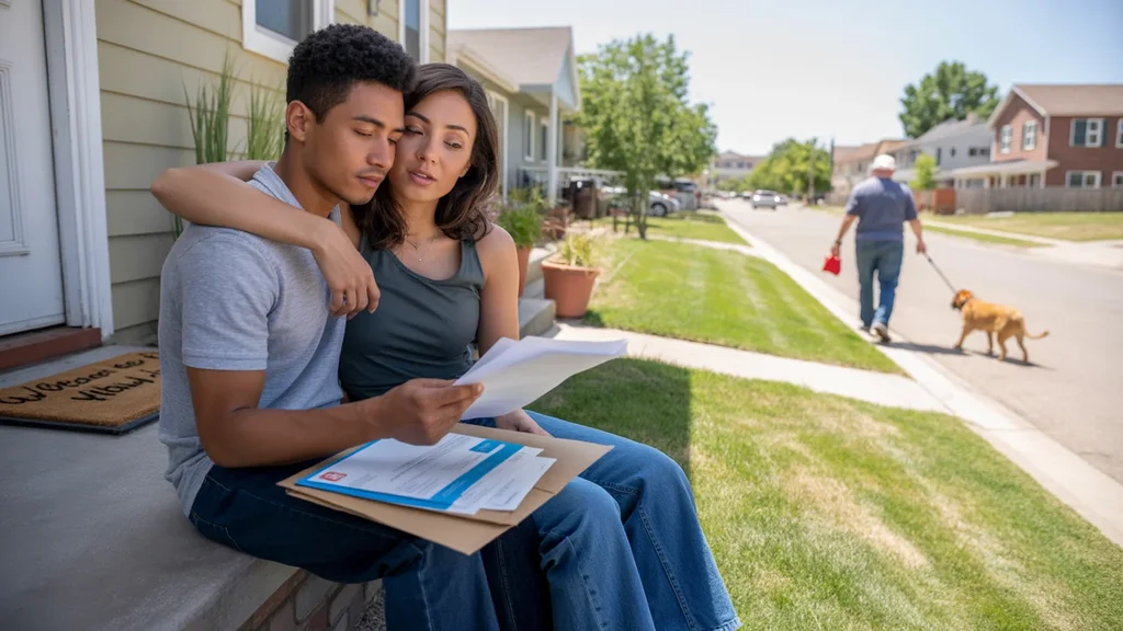Couple reviewing bills and notices on front steps of house in Commerce City