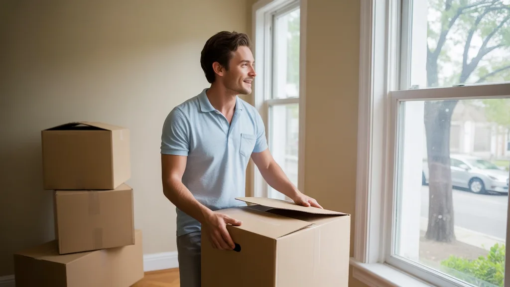 Man unpacking in a sunny Middletown, KY apartment, smiling contentedly out the window