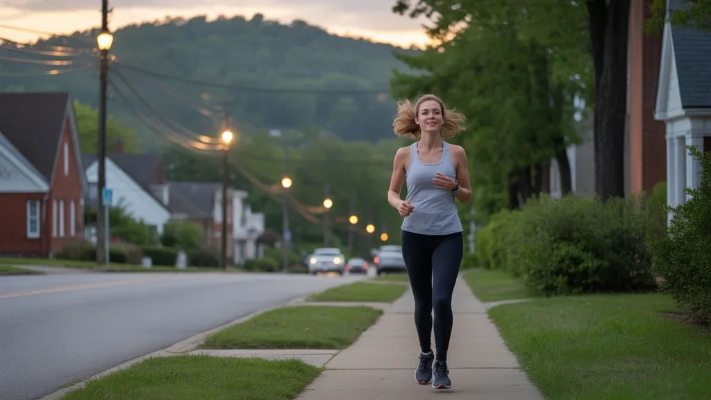 Woman jogging in Georgetown, KY neighborhood at dusk, looking peacefully at a distant hill