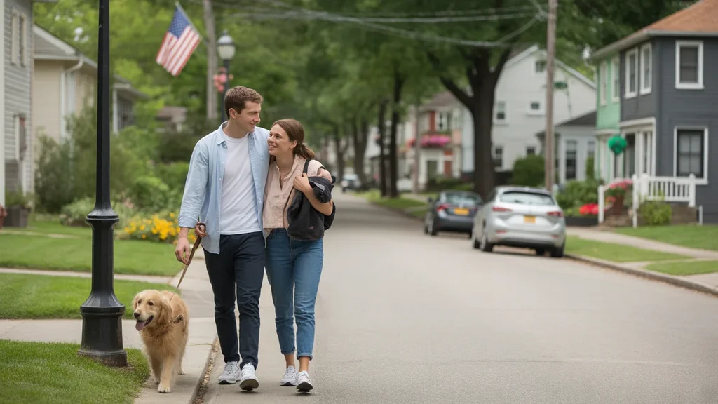 Couple walking dog on residential street in Jeffersontown lined with apartments and houses