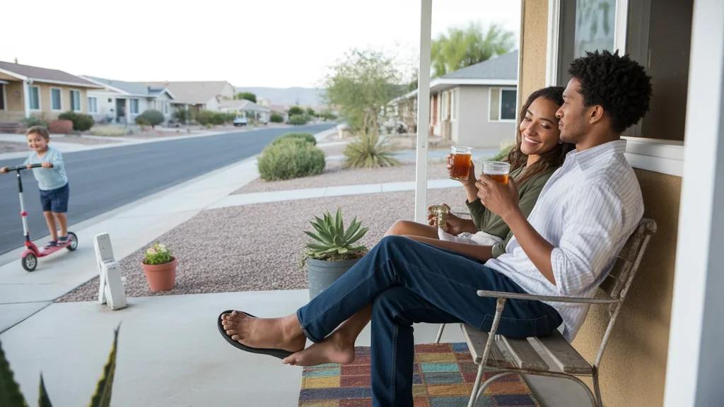 A couple relaxes on their porch swing in a quiet Spring Valley neighborhood at sunset.