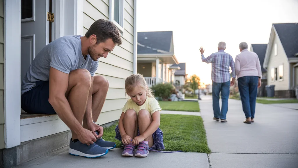 Father and daughter tying shoes on front porch in Lehi neighborhood