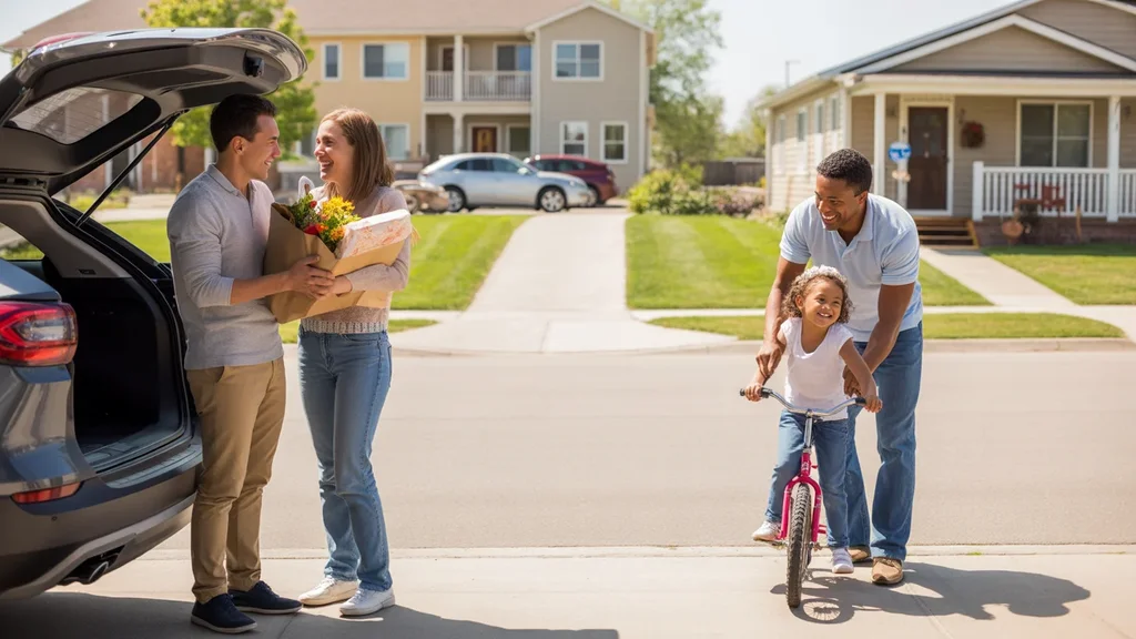 A condo building and single-family home sit side by side in a quiet Commerce City neighborhood, residents enjoying the afternoon outside.