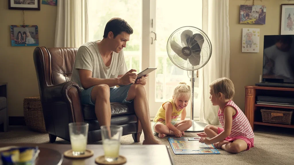 Father works on tablet in breezy corner while daughters play board game in living room on hot summer day