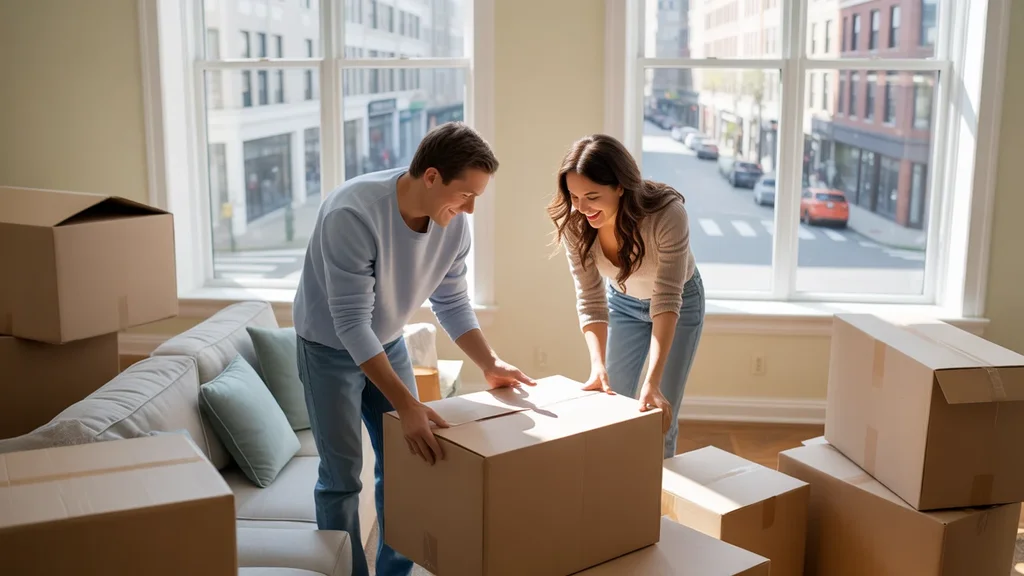 Couple unpacks in sunny apartment with street view in Joliet, IL