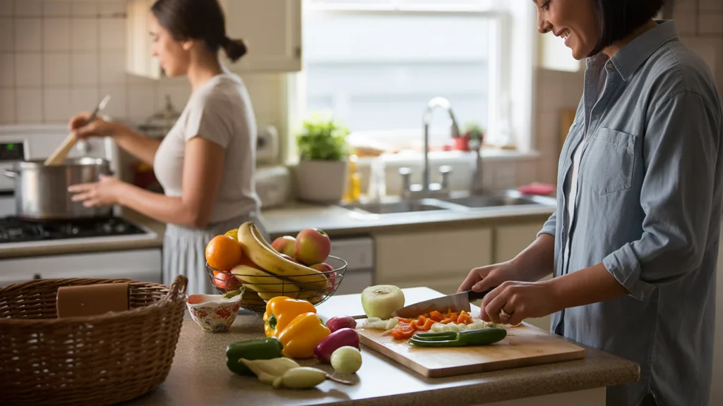 A kitchen counter with meal ingredients and a bowl of fruit in a Naperville home.