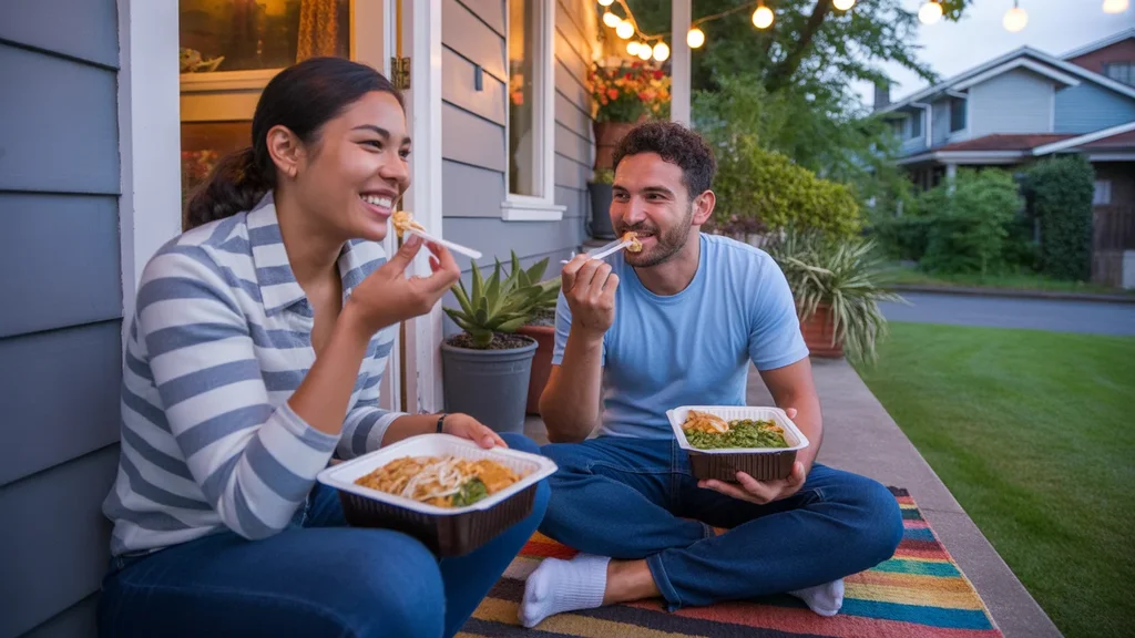 A young couple enjoys Thai takeout on their front porch in a Beaverton neighborhood.