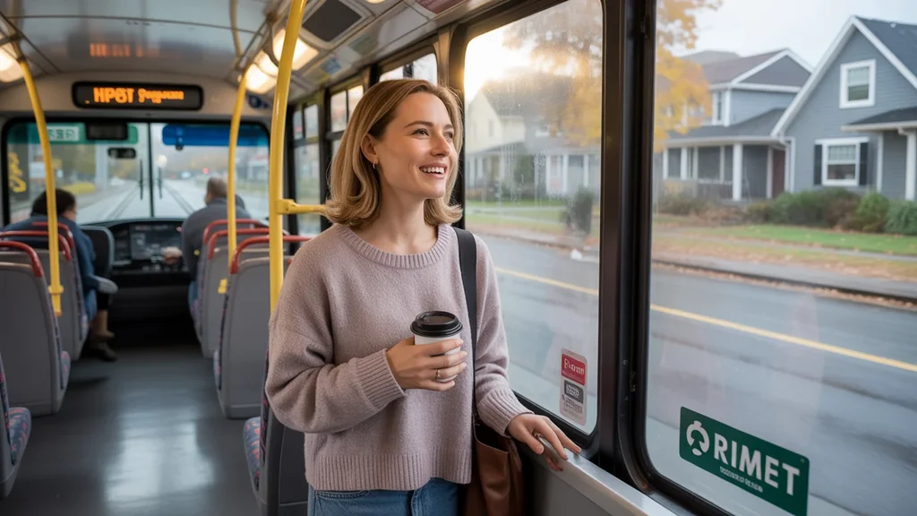 Woman boarding TriMet bus on residential street in Gresham, Oregon