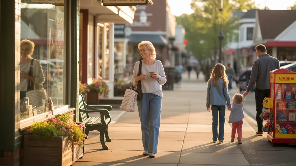 Woman window shopping at outdoor plaza in Louisville during golden hour