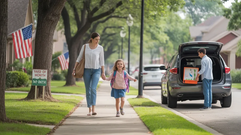 Mother walking daughter to school in a friendly Katy, Texas neighborhood