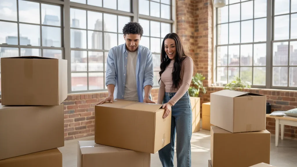 Couple unpacking after moving into a loft apartment in Nashville