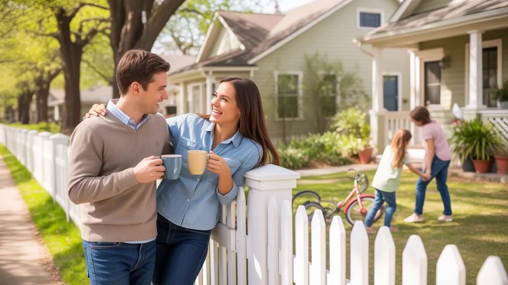 A couple chats with their neighbor over a fence in front of a craftsman home in Mckinney, Texas