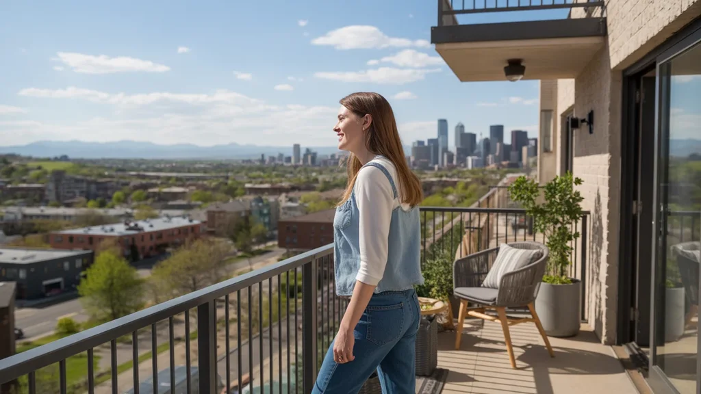 Woman enjoying view from balcony of her Denver apartment