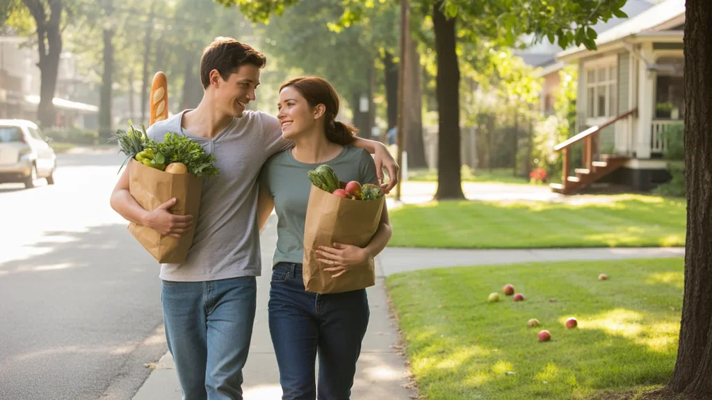 Couple carrying groceries home in Beaverton neighborhood